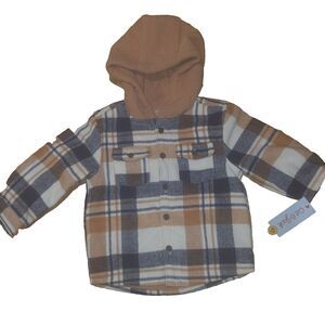 Cat & Jack Toddler Boy Size 2T Flannel Long Sleeve Button Up Shirt With Hoodie